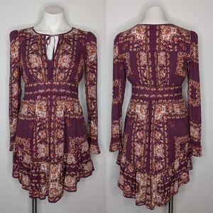 Free People purple floral tie neck long sleeve mini dress XS